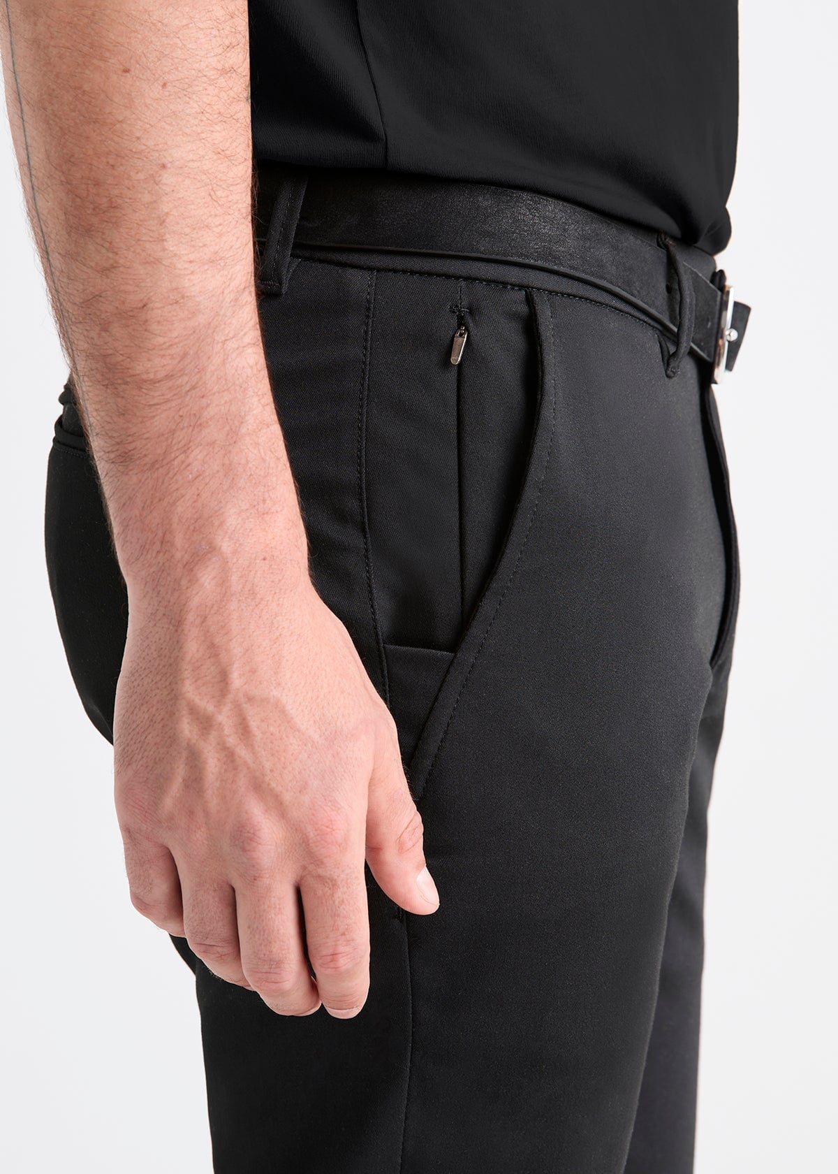 Men's Black Slim Fit Stretch Dress Pant Side Zip Pocket Detail