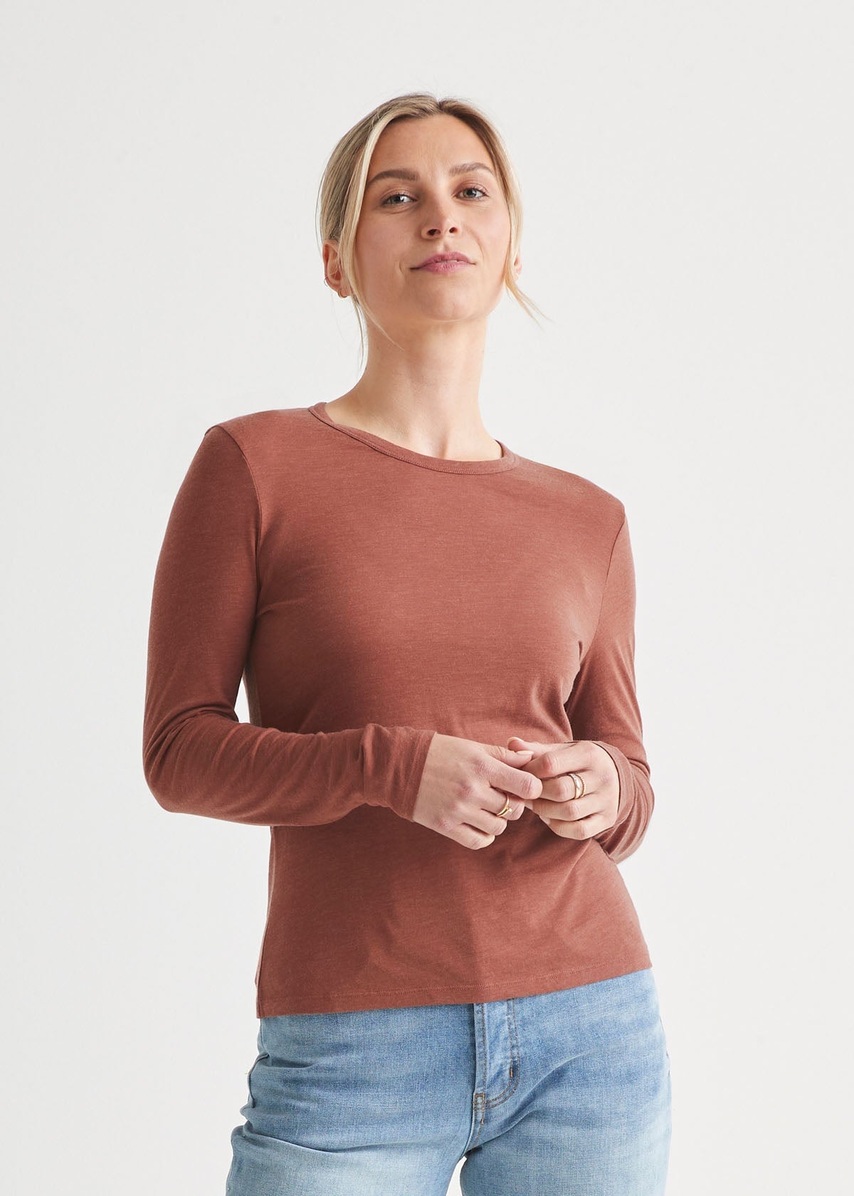 womens rust red slim long sleeve front