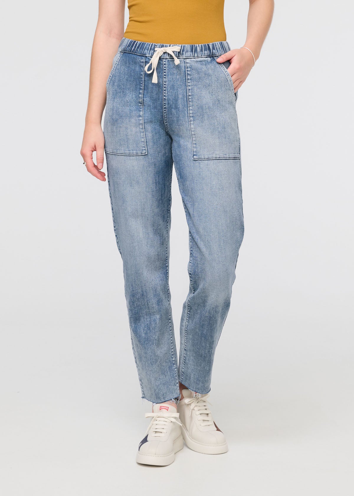 womens faded blue relaxed pull on denim pants front