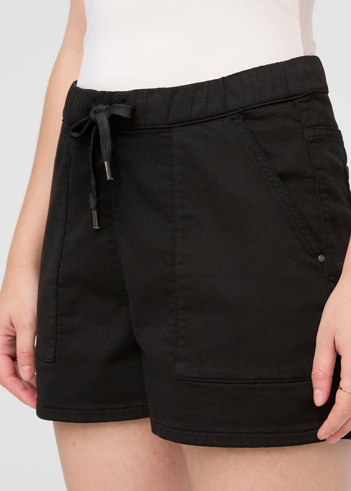 womens black pull on drawstring shorts front waistband detail