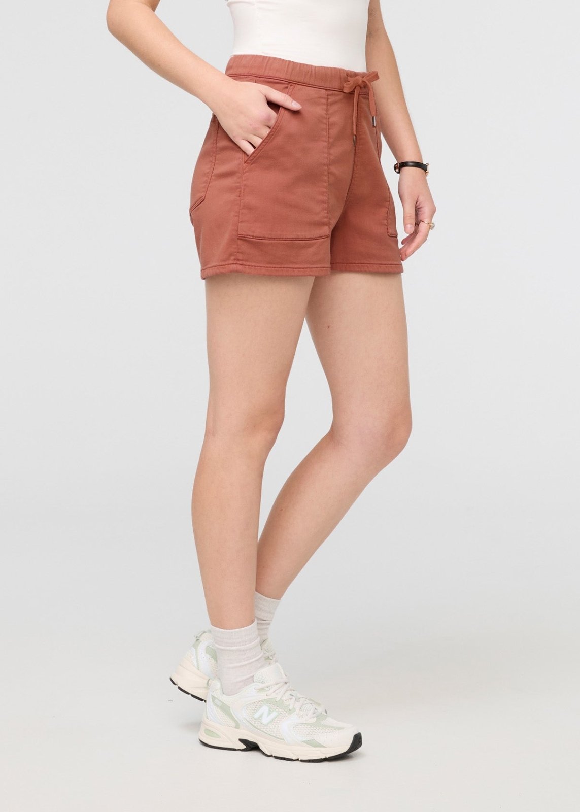 womens red pull on drawstring shorts side