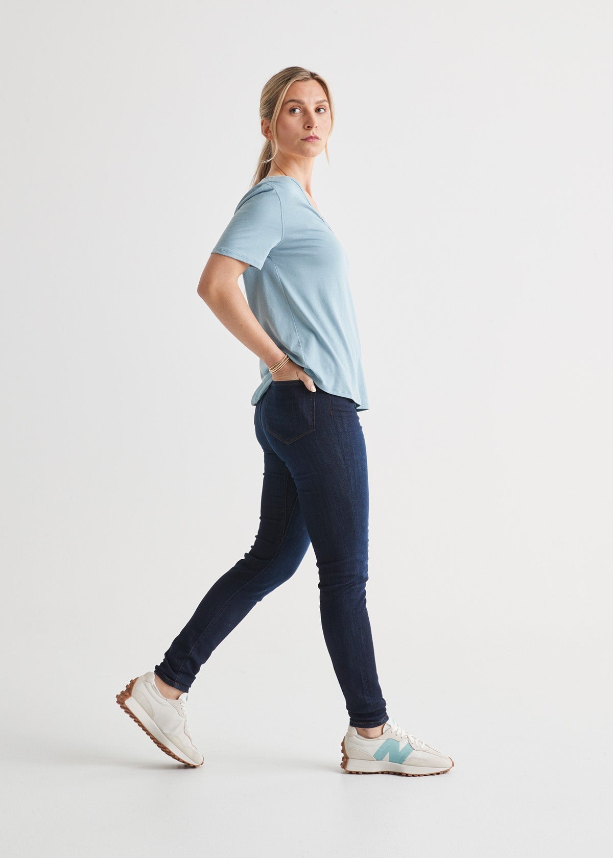 Women's Soft Lightweight Blue V-Neck T-Shirt Full Body