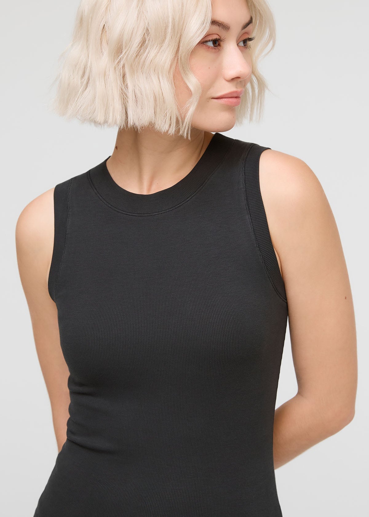 womens black ribbed pima cotton high neck tank front neckline