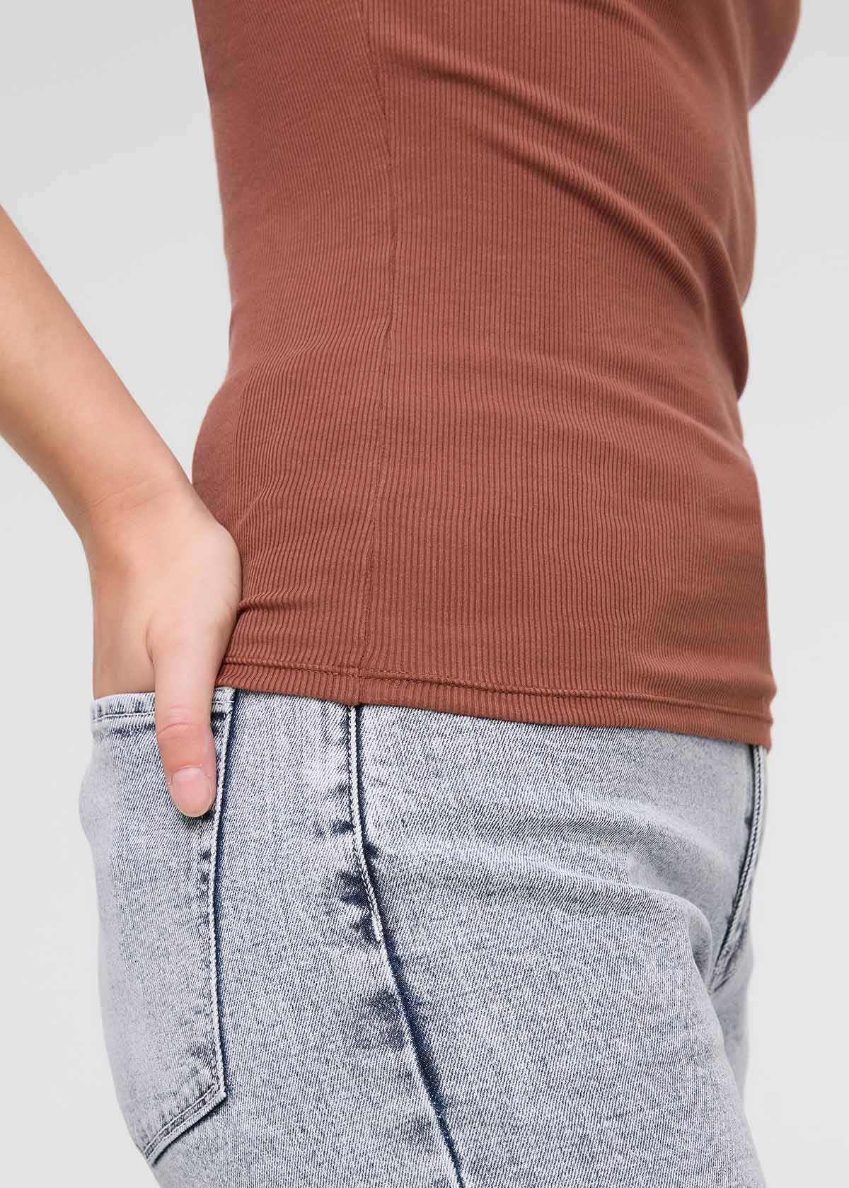 womens rust pima cotton mock neck t-shirt inseam