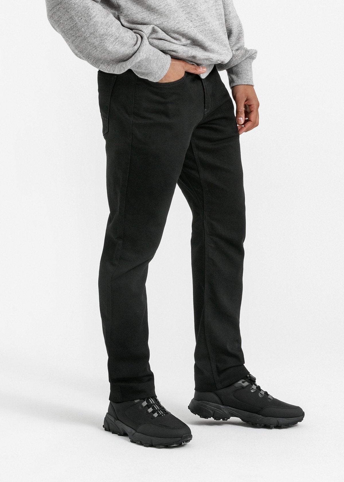 mens black relaxed fit waterproof stretch jeans side