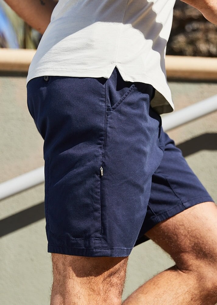 mens dark blue slim fit lightweight shorts side lifestyle