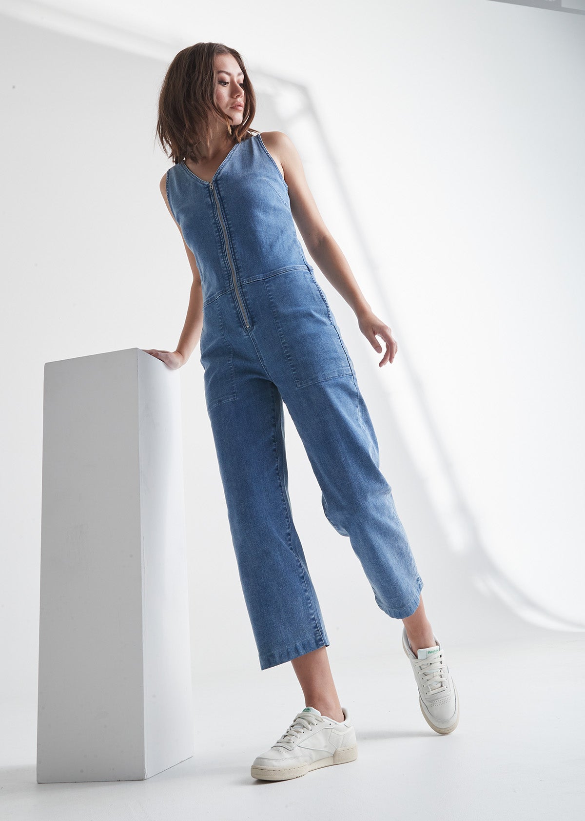 womens light stone stretch denim jumpsuit full body angled