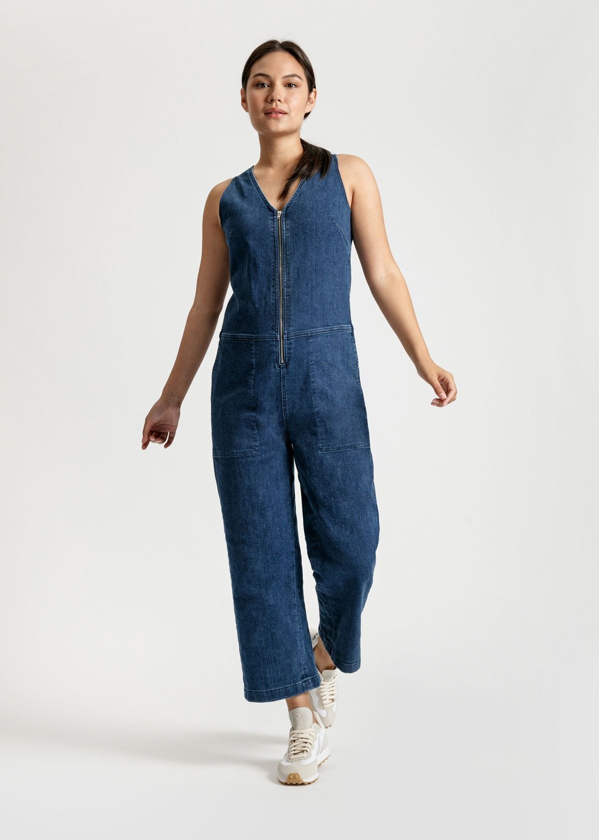 womens medium blue wash stretch denim jumpsuit full body front