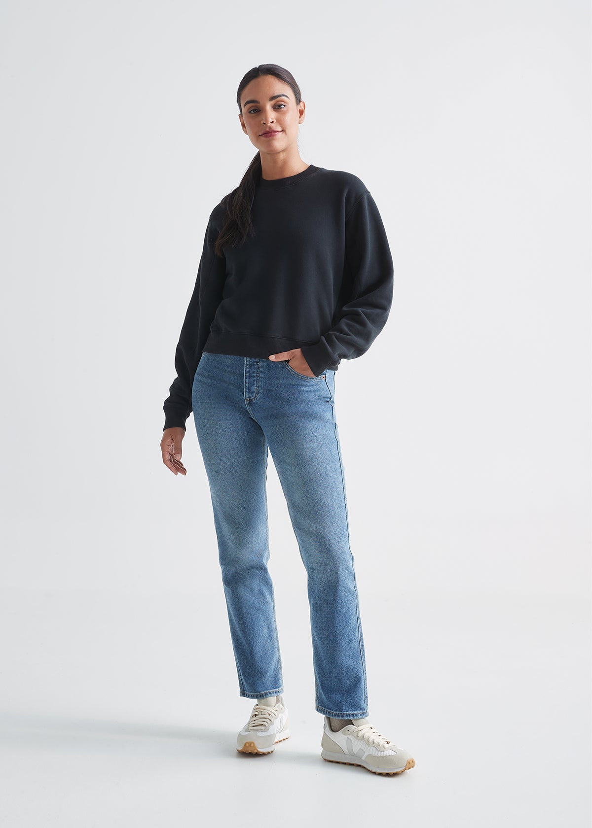 womens black brushed terry performance crew fleece full body