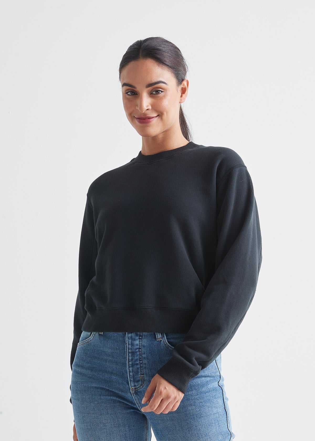 womens black brushed terry performance crew fleece front