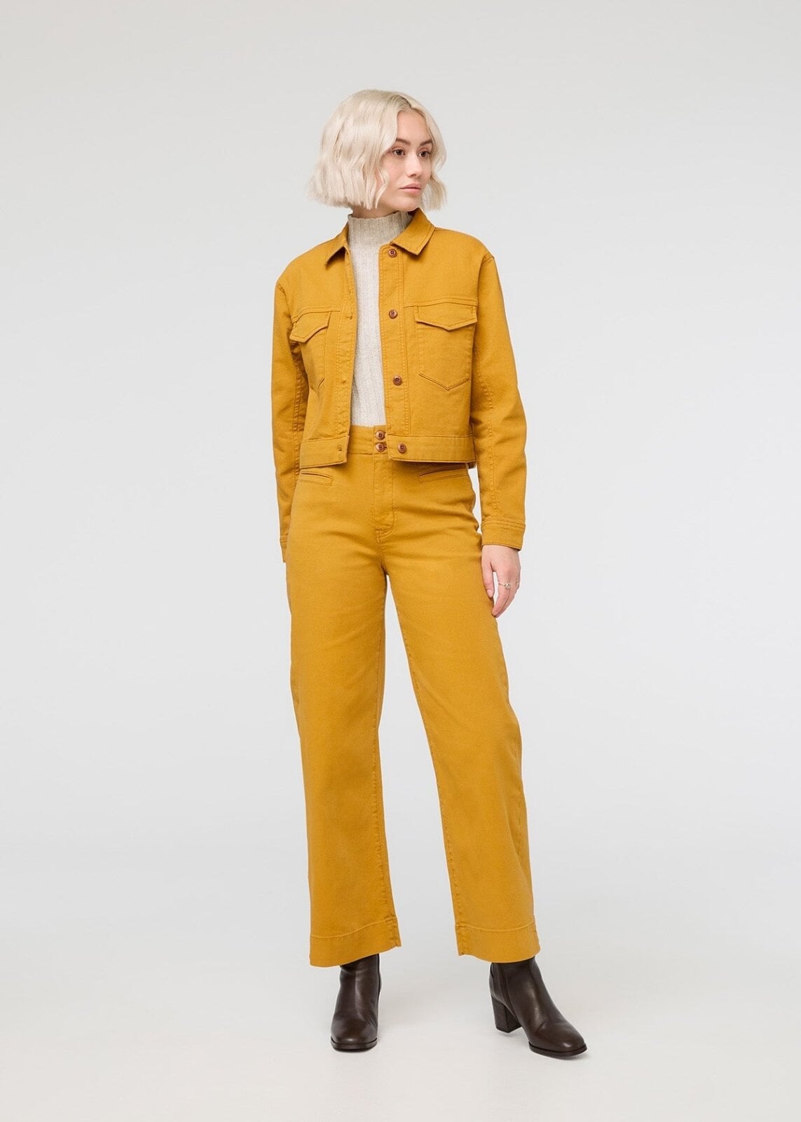 womens yellow cotton trucker jacket full body