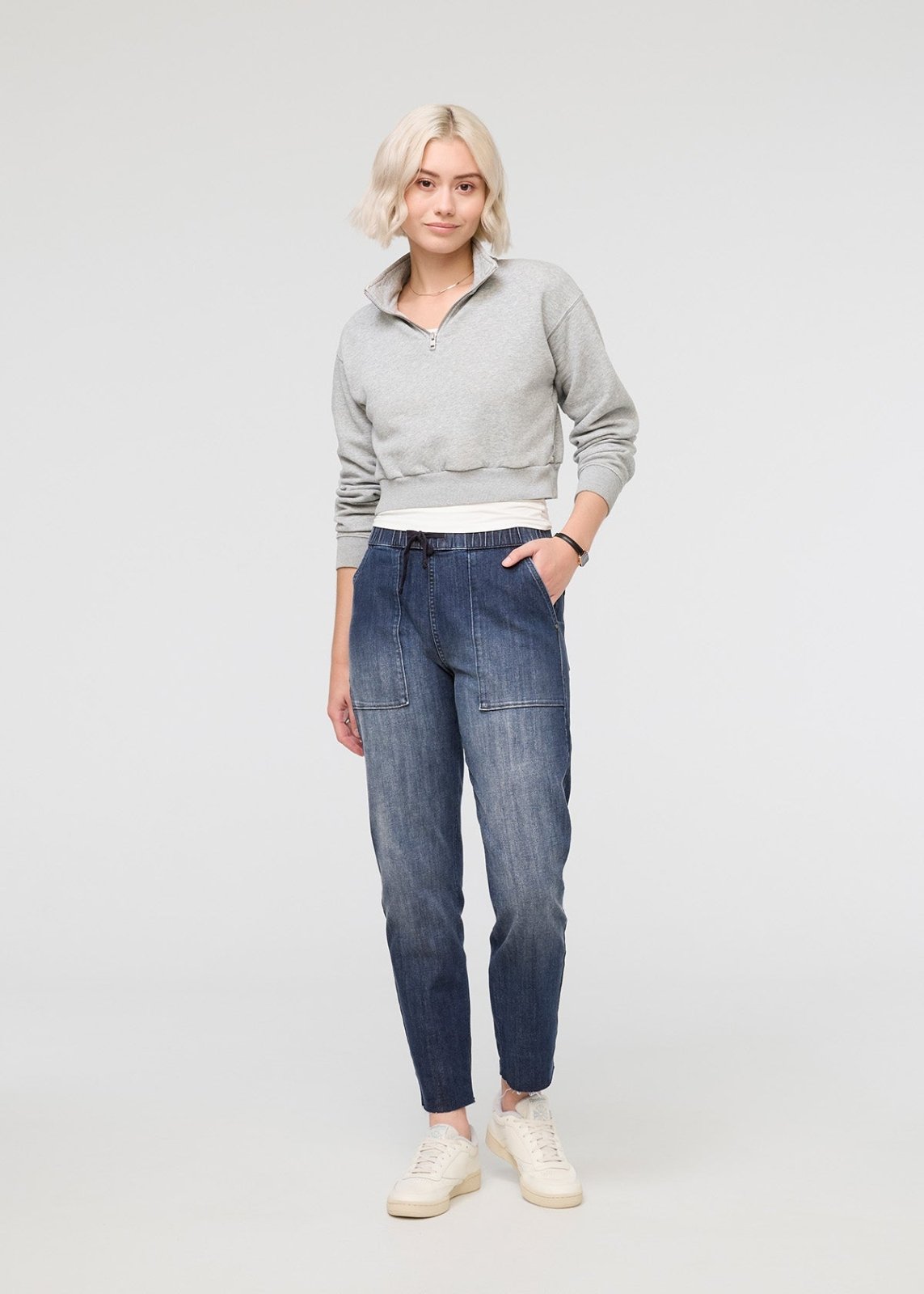 womens dark blue relaxed pull on denim pants full body
