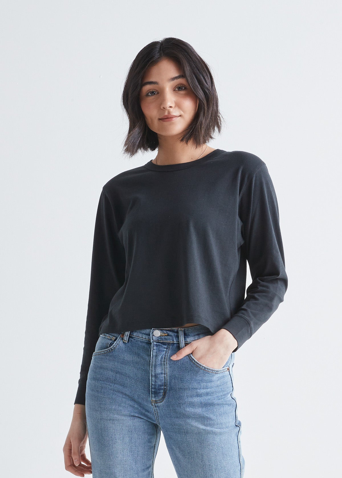 womens black midweight crop long sleeve tee front