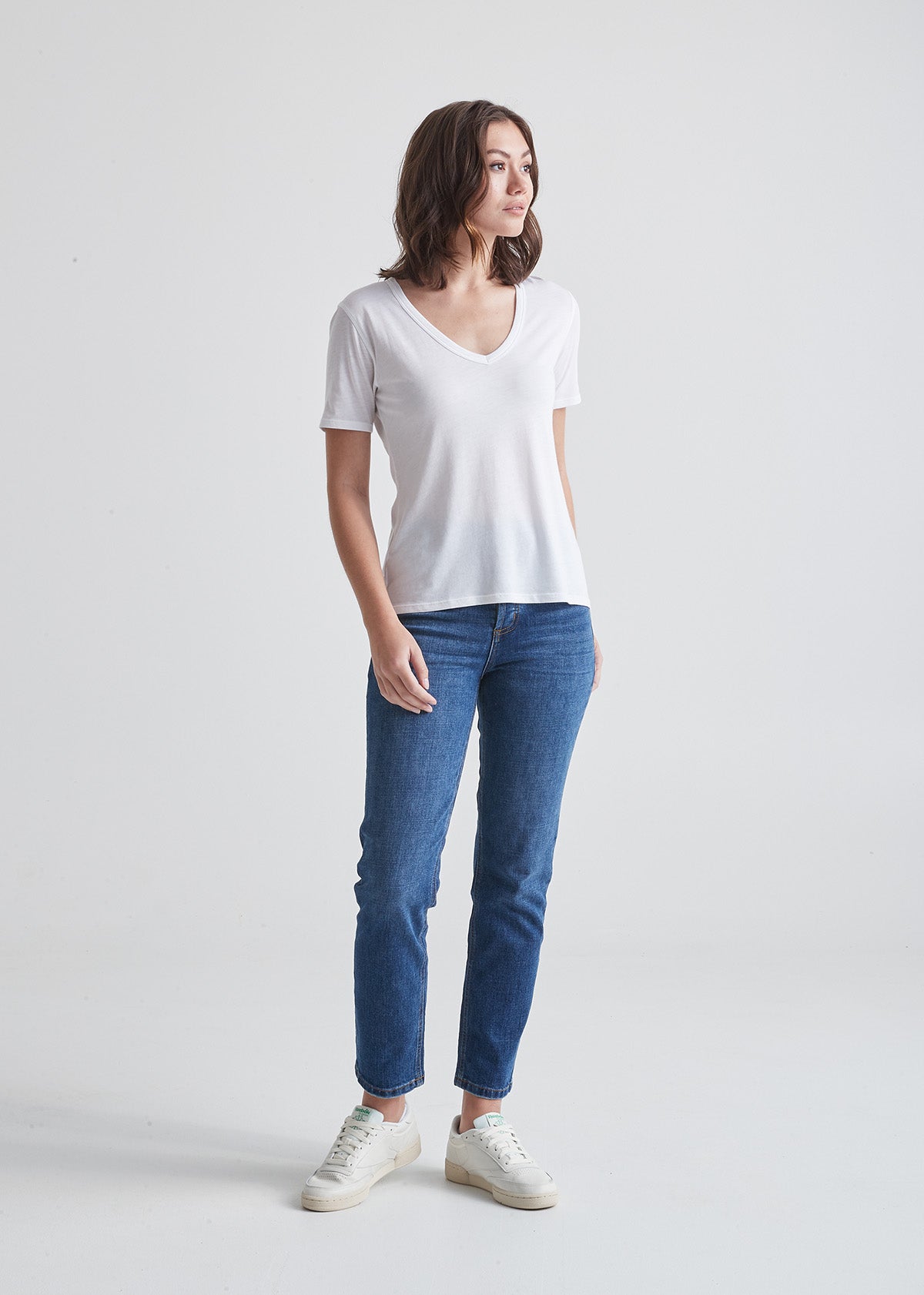 Women's Soft Lightweight White V-Neck T-Shirt Full Body