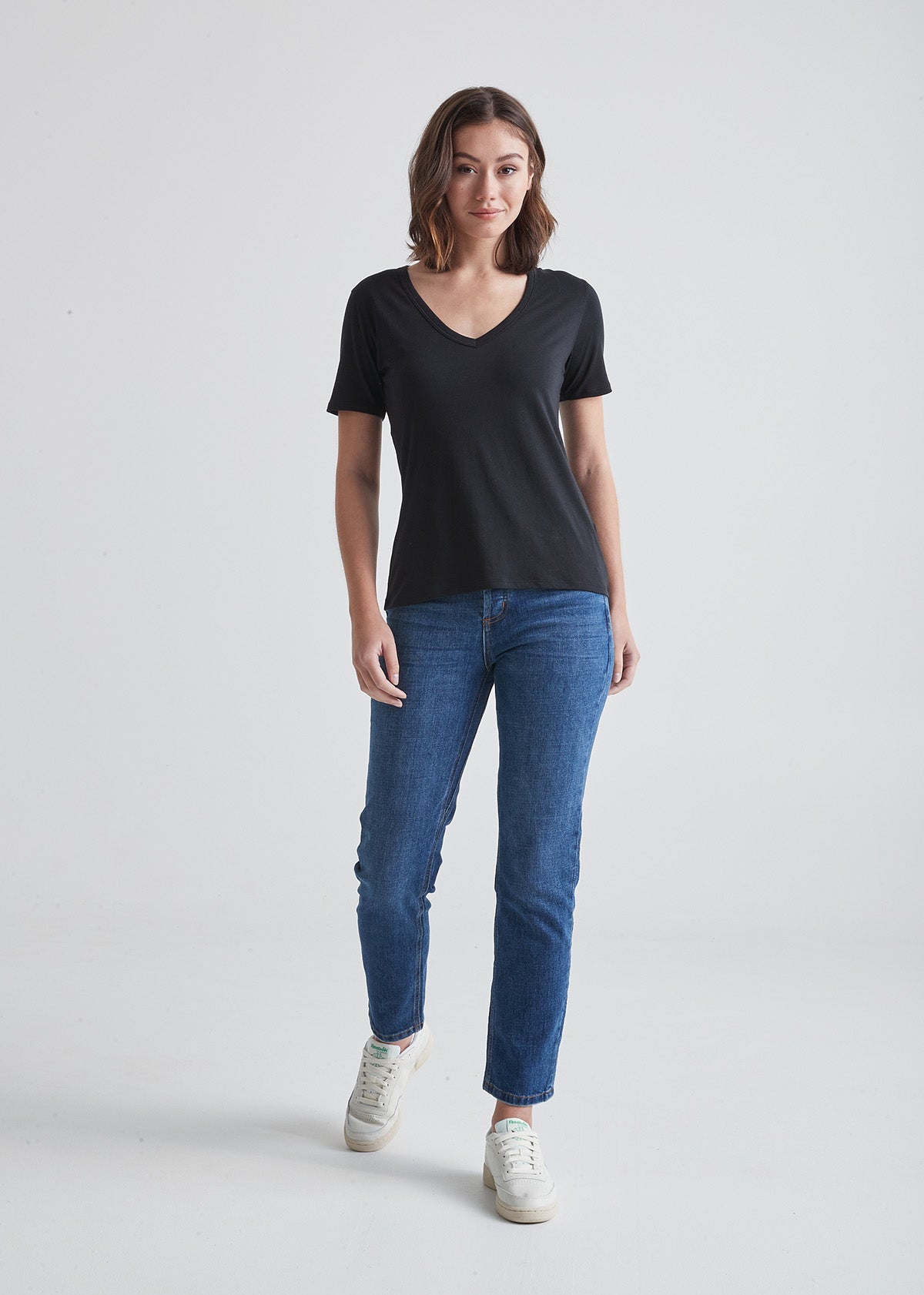 Women's Soft Lightweight Black V-Neck T-Shirt Full Body