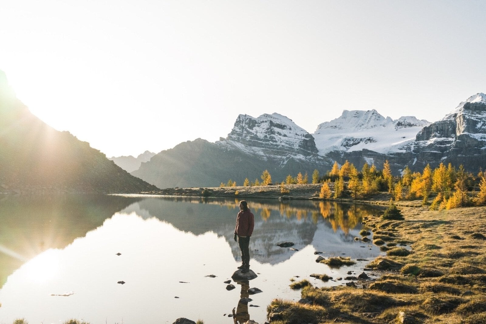 hiker standing on a rock in a lake