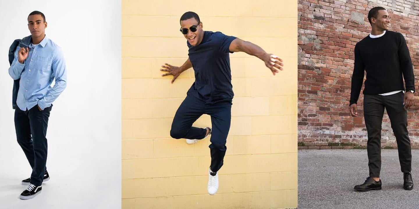 a man in three different images wearing three different styles of pants
