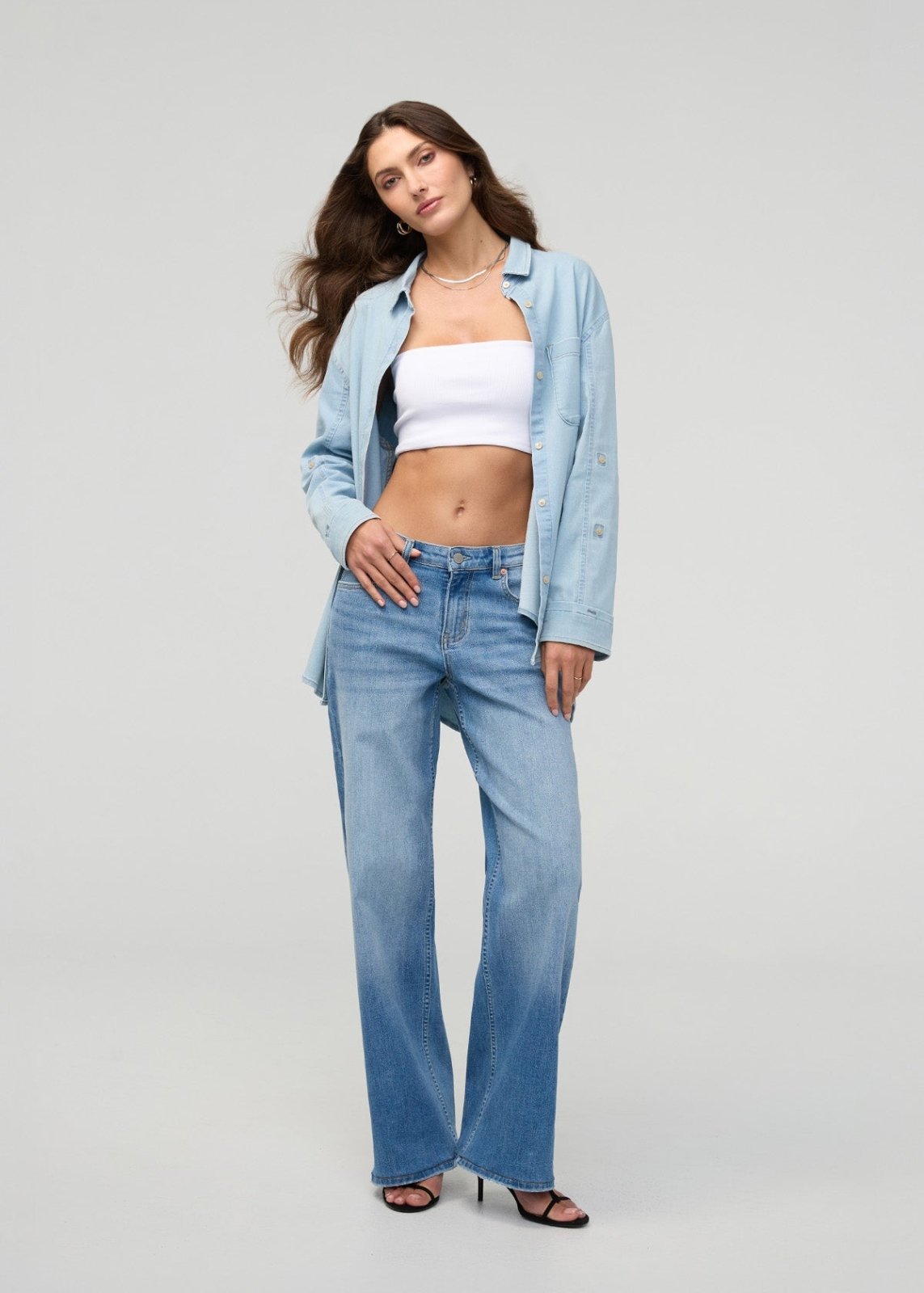 Women's Bleach Lightweight Denim Relaxed Button Down full body