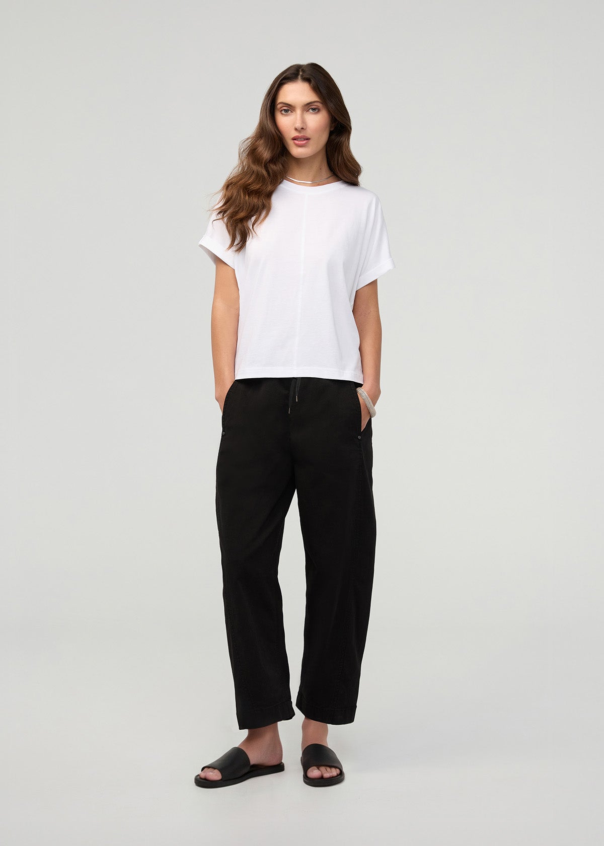 Women's Black Barrel Pull On Pant front full body