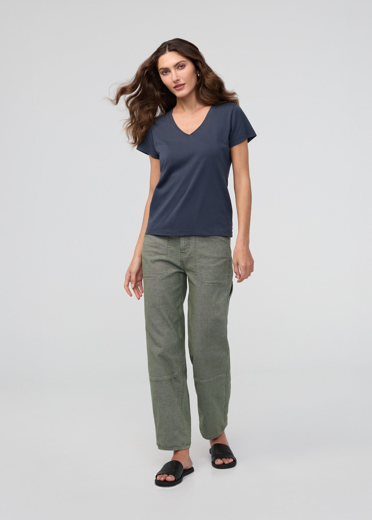 Women's Navy Pima Cotton V-Neck Full Body