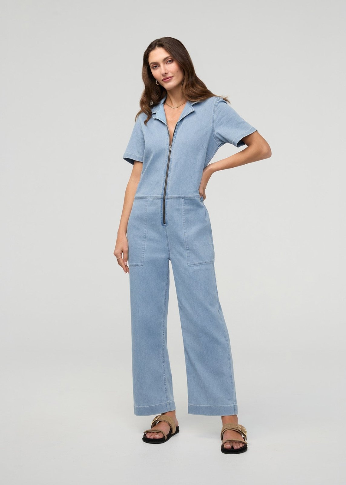 Women's Desert Blue Short Sleeve Denim Jumpsuit Full Body