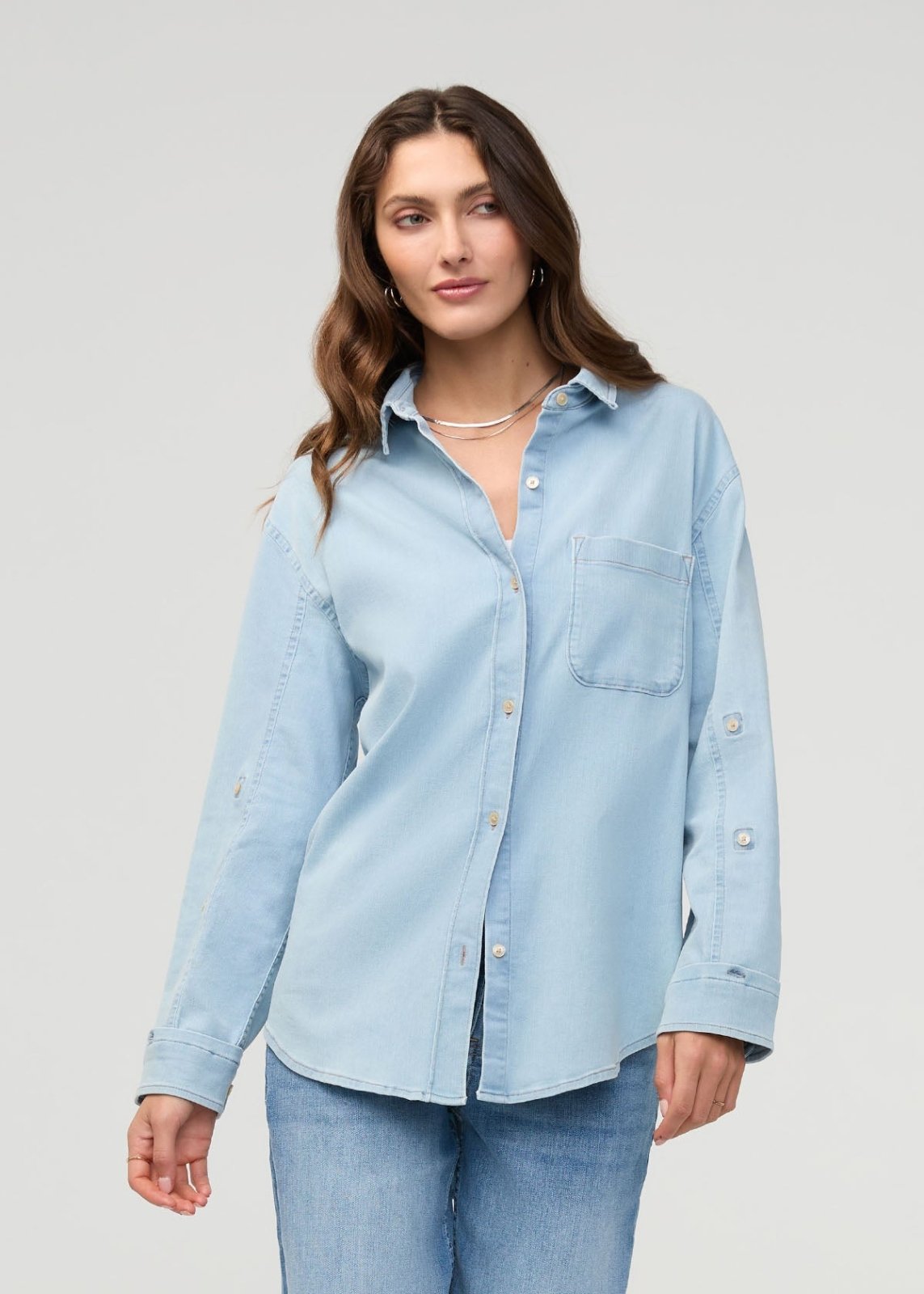 Women's Bleach Lightweight Denim Relaxed Button Down front