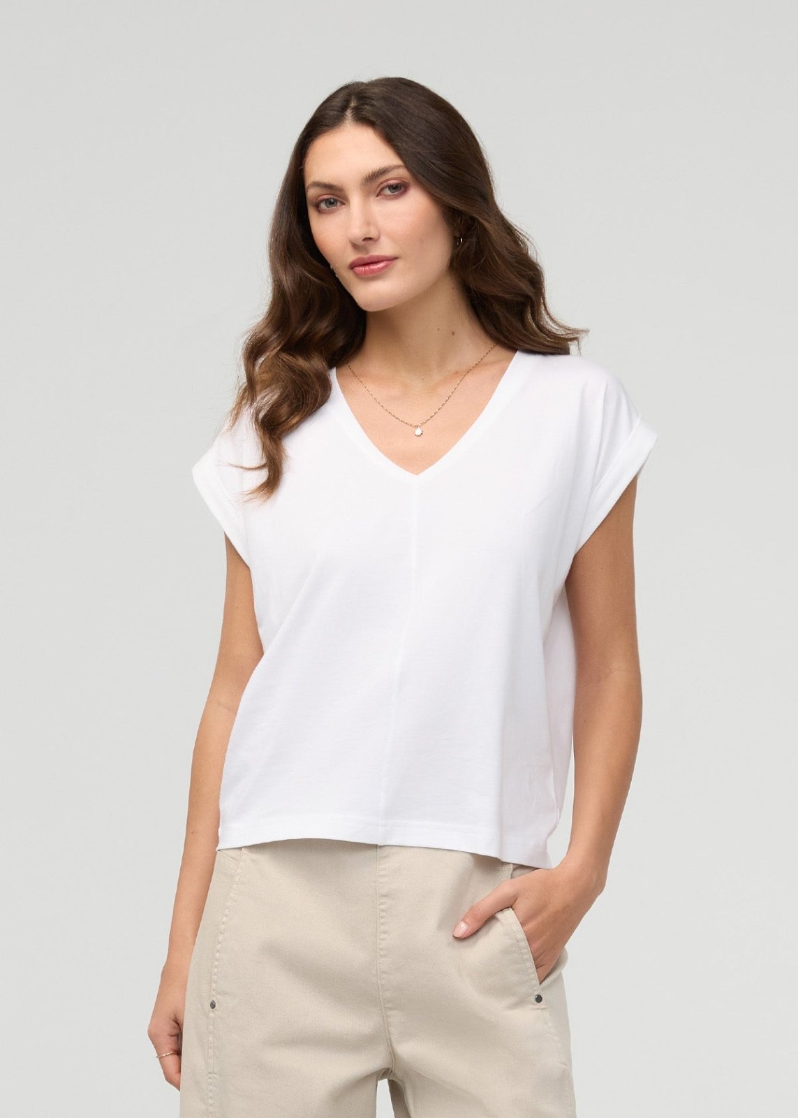 Women's White Pima Cotton Dolman V-Neck Front