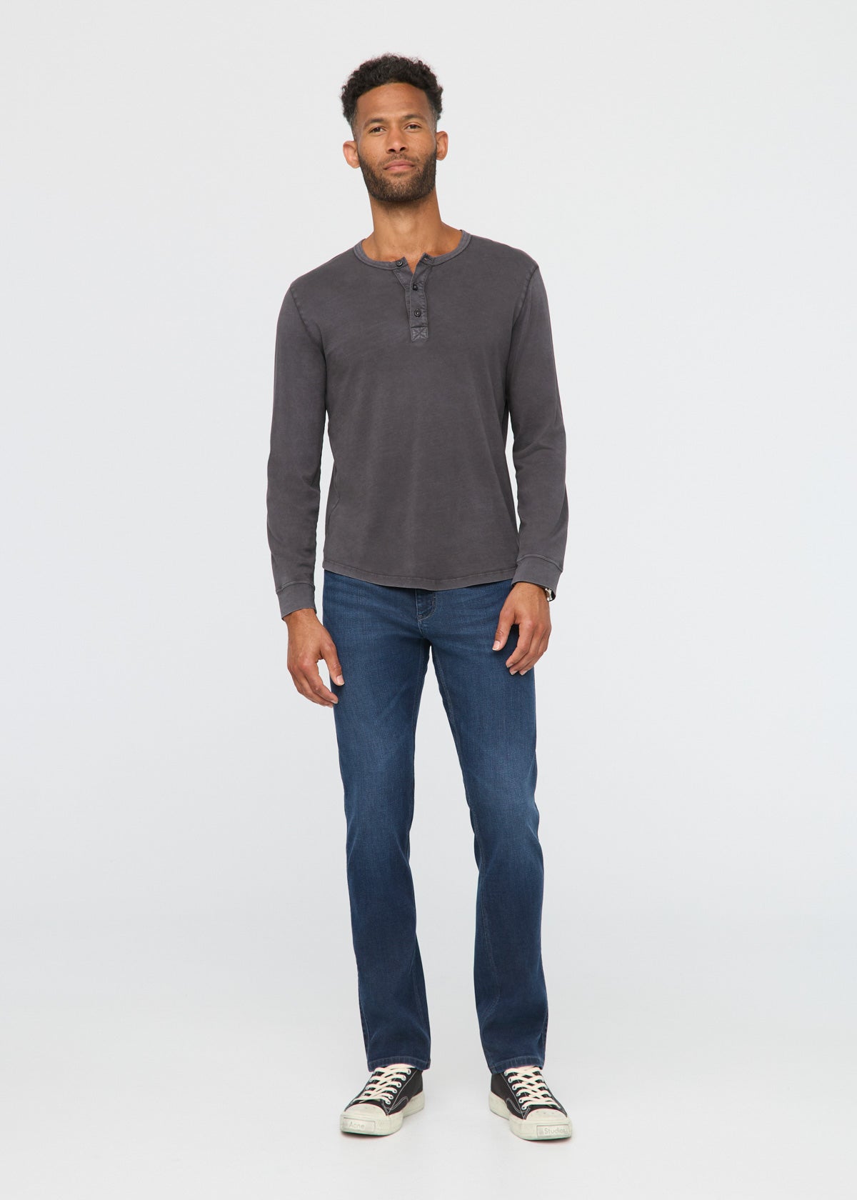 mens 100% pima cotton washed grey henley long sleeve full body