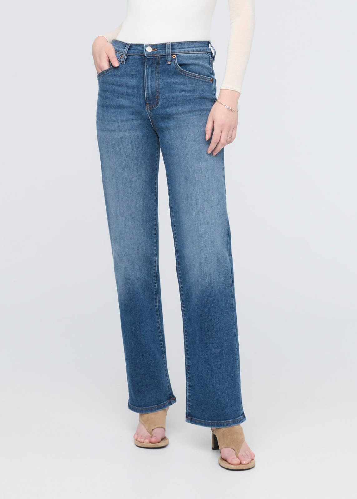 women's mid blue high rise straight jeans front