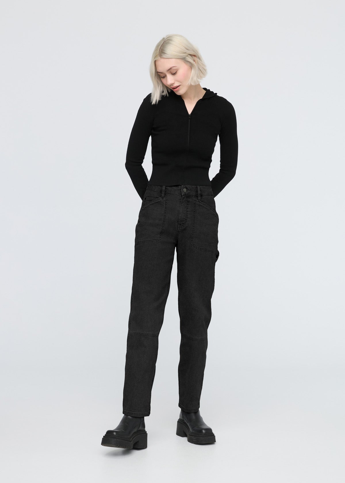 womens stretch canvas black utility pants full body