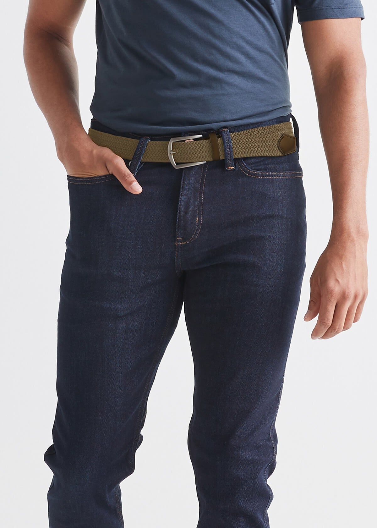 mens dark khaki performance stretch belt front with hand in pocket
