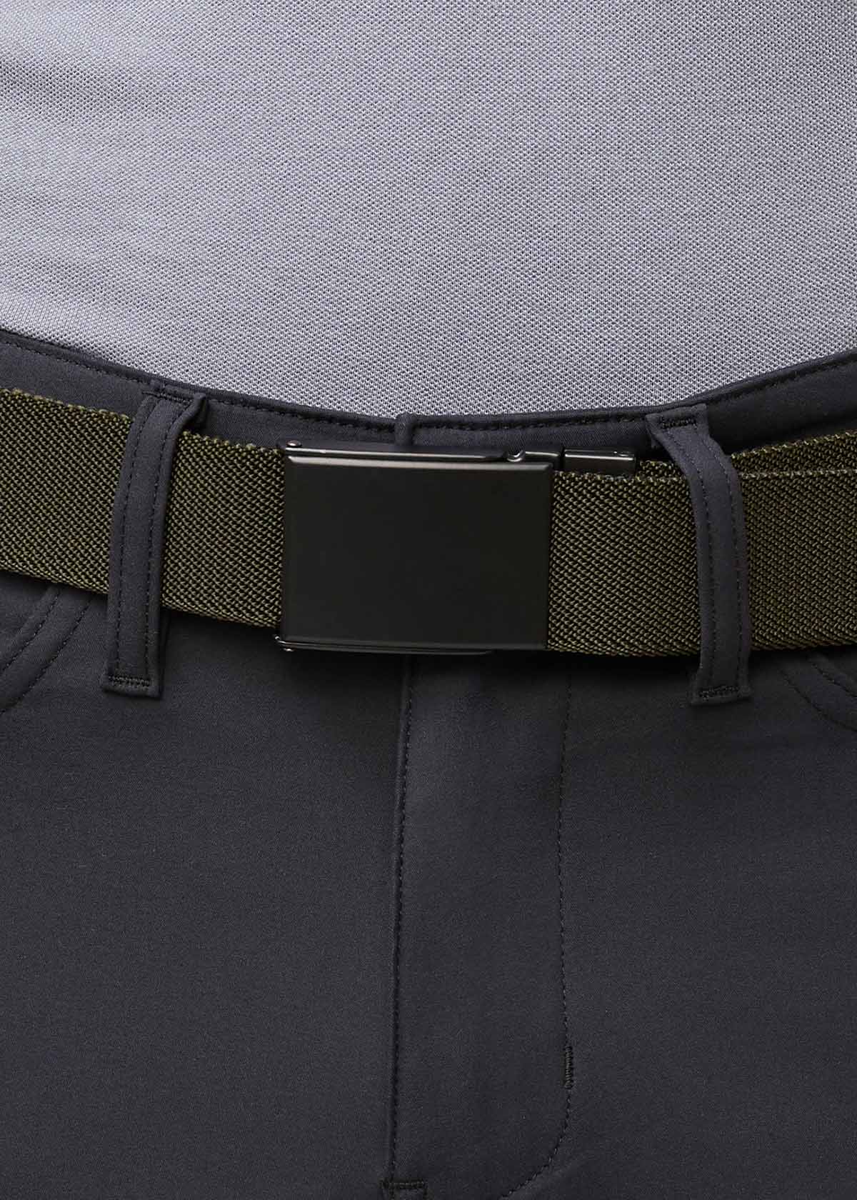 mens black and rmy green reversible stretch belt buckle close up