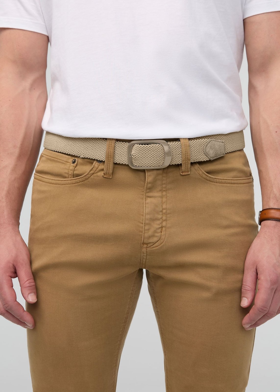 performance stretch braided khaki belt front