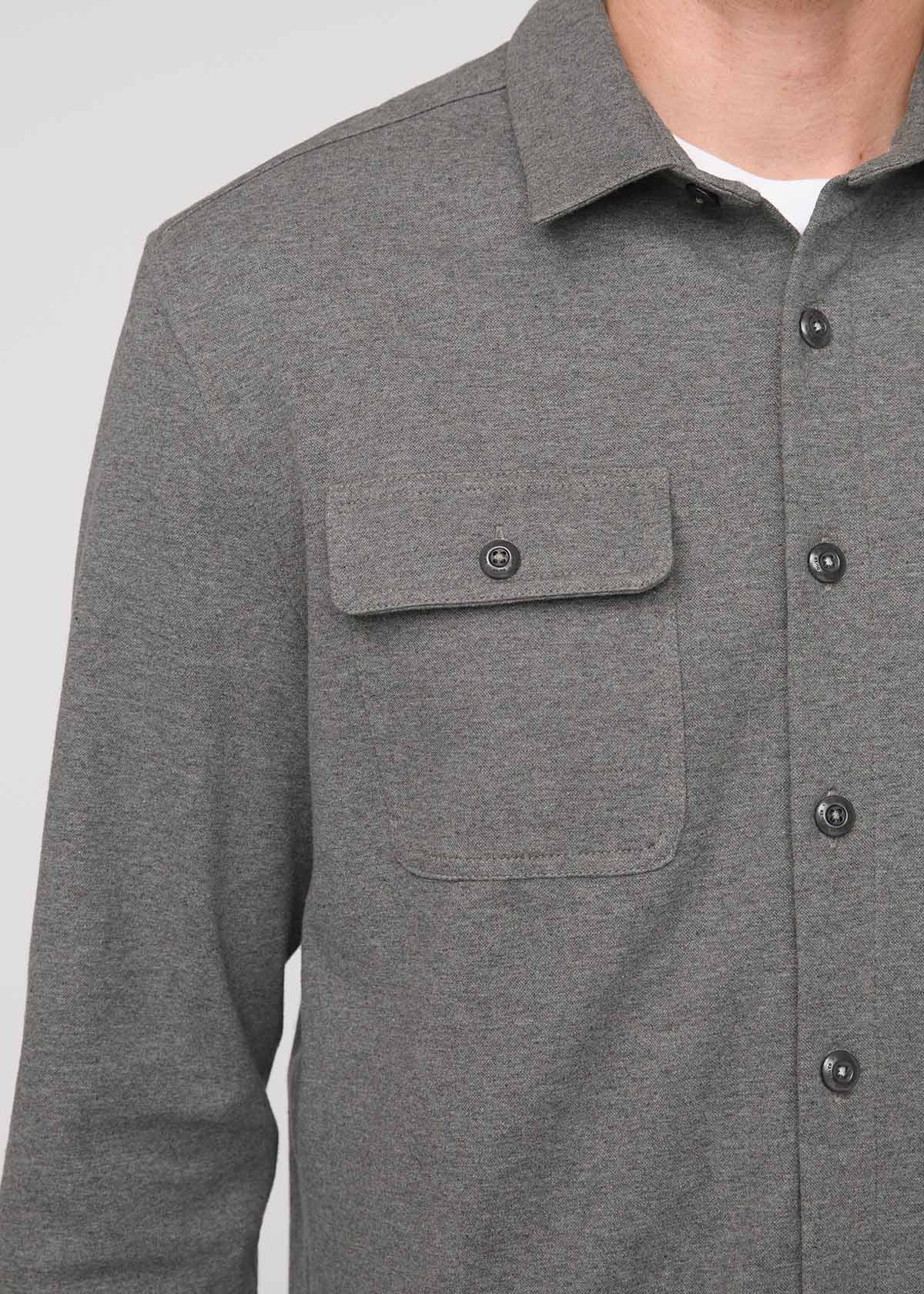 mens heather grey flannel button down front collar, pocket and button details