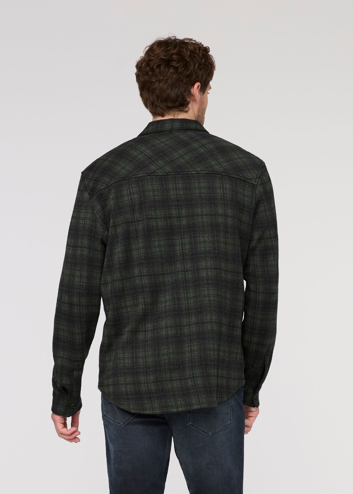 mens peat plaid performance flannel button down back