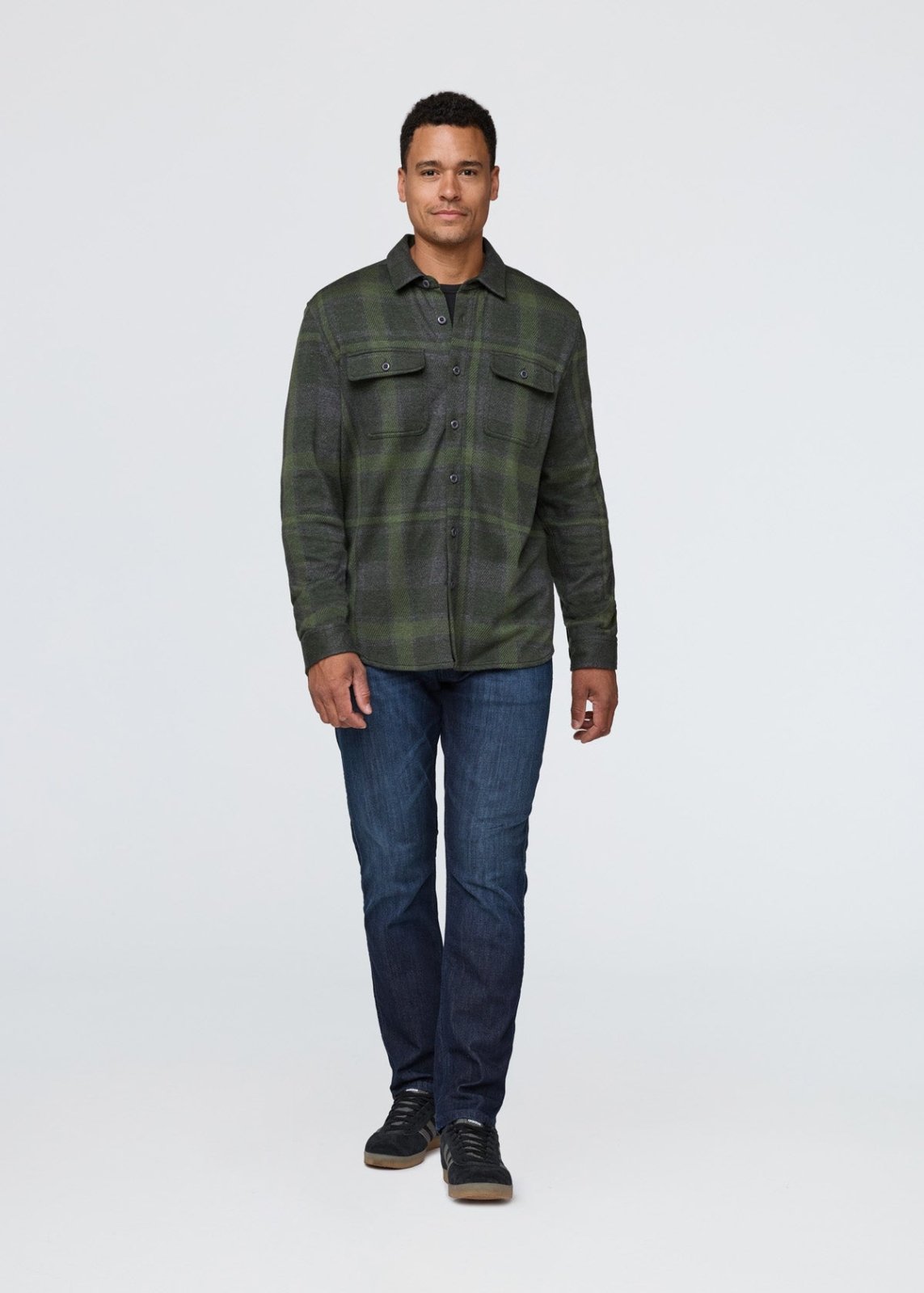 mens green plaid flannel button down full body