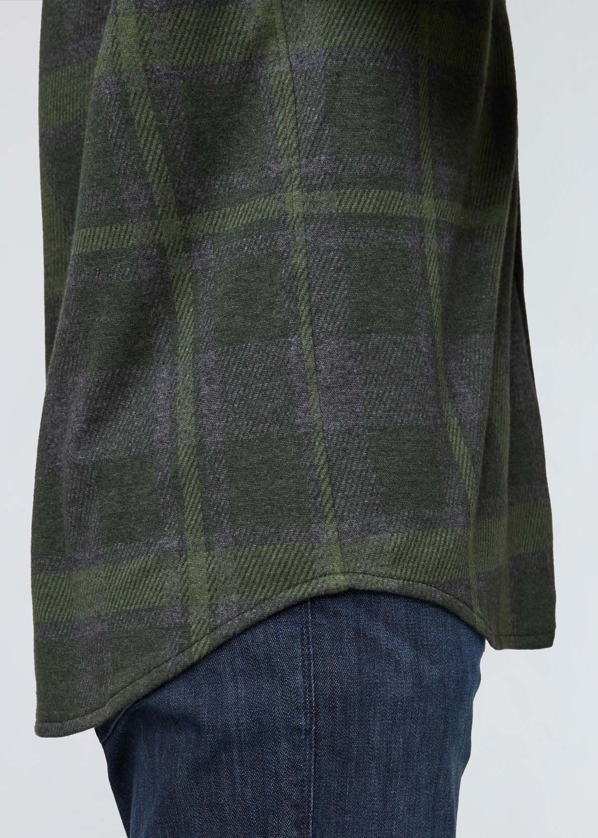 mens green plaid flannel button down curved hem