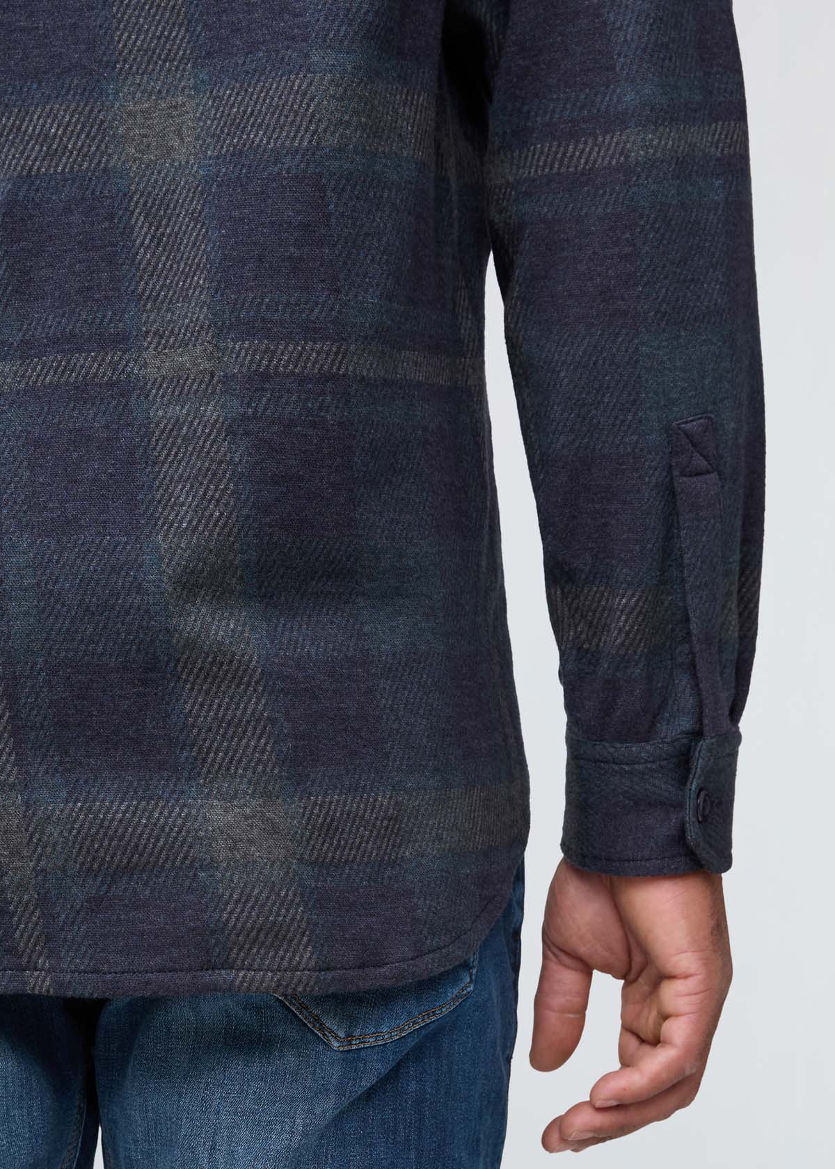 mens blue paid flannel button down sleeve and hem details