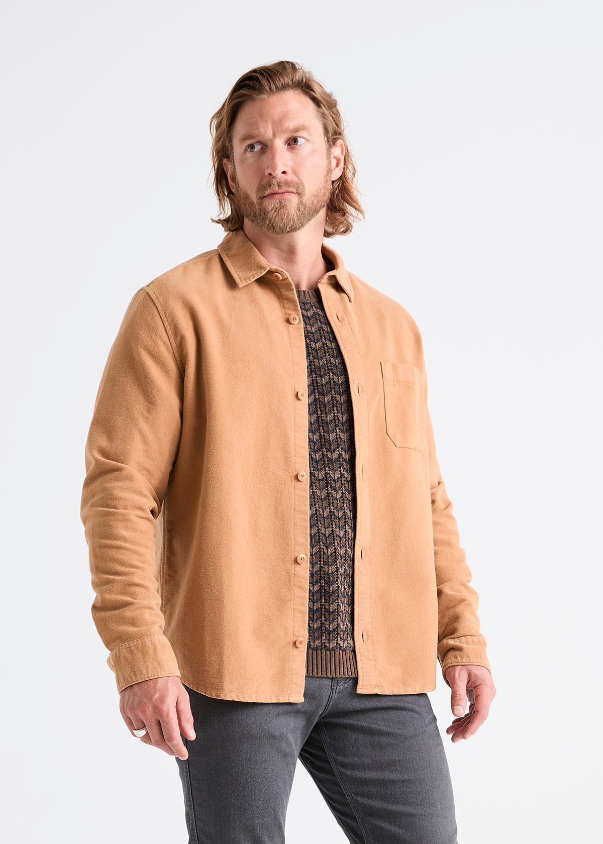 mens light brown relaxed moleskin button up shirt front