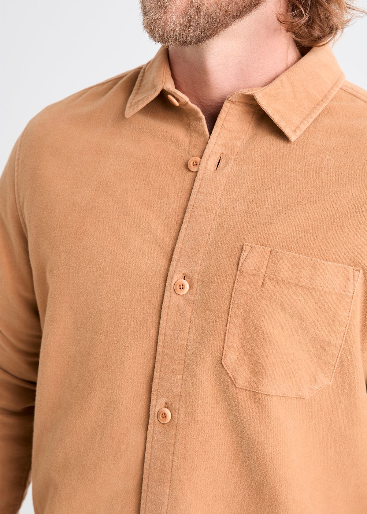 mens light brown relaxed moleskin button up shirt collar and neckline detail