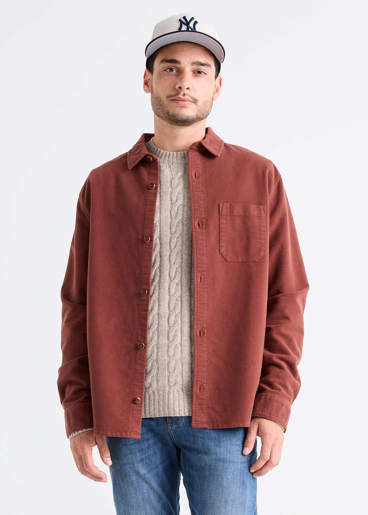 mens rust red relaxed moleskin button up shirt front