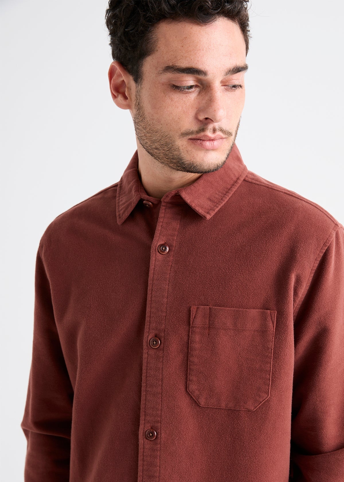 mens rust red relaxed moleskin button up shirt collar and pocket detail