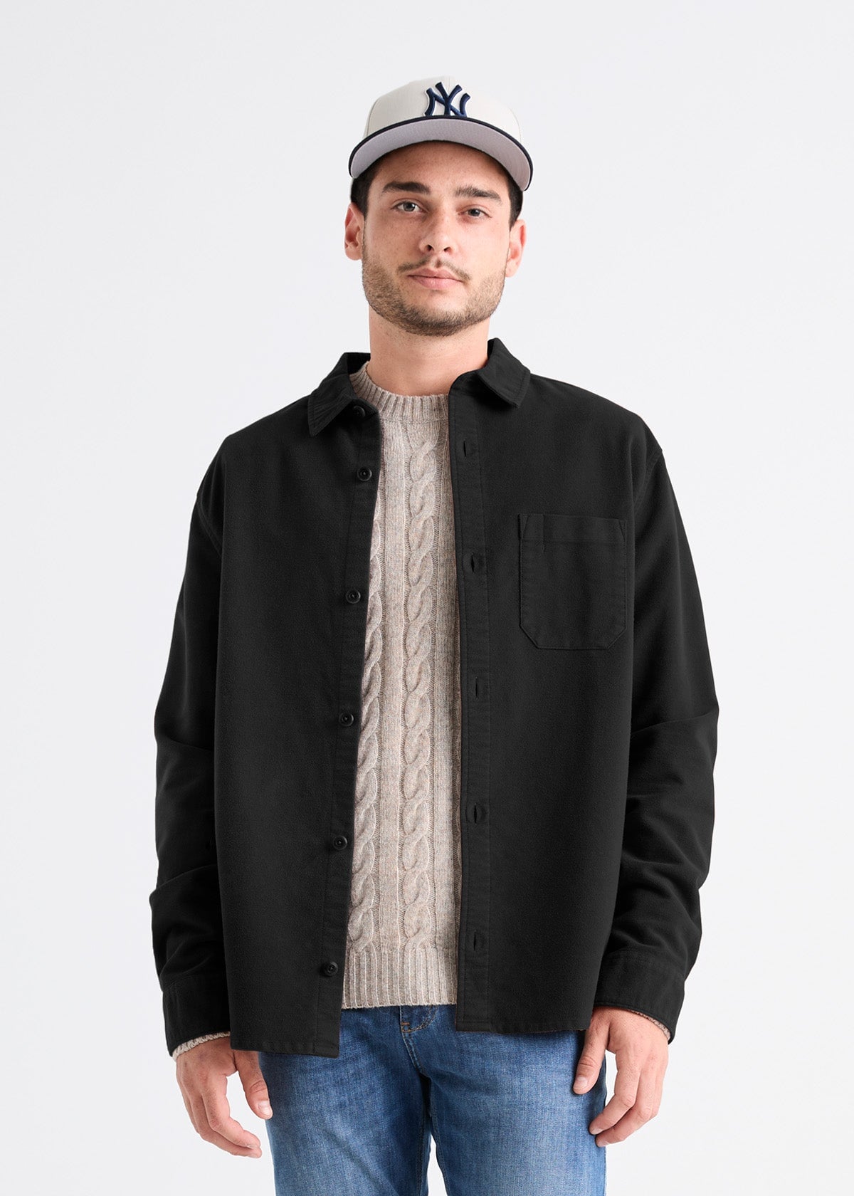 mens shadow black relaxed moleskin button up shirt front