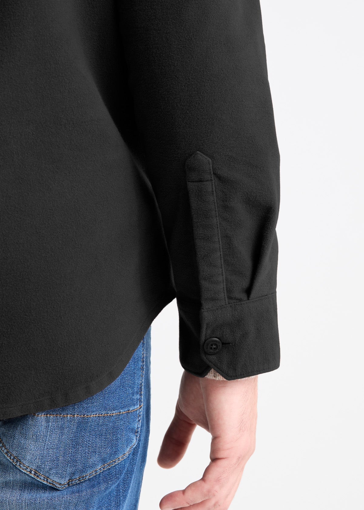 mens shadow black relaxed moleskin button up shirt sleeve button detail