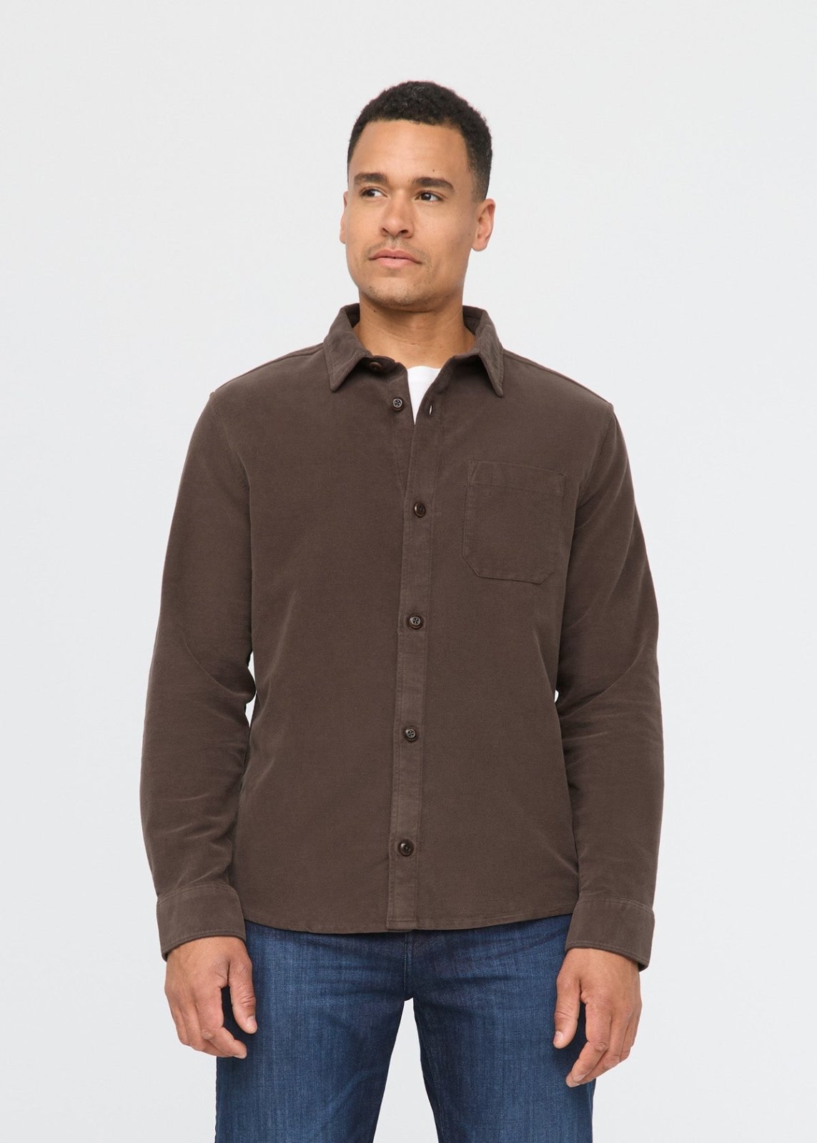 mens mocha relaxed moleskin button up shirt front