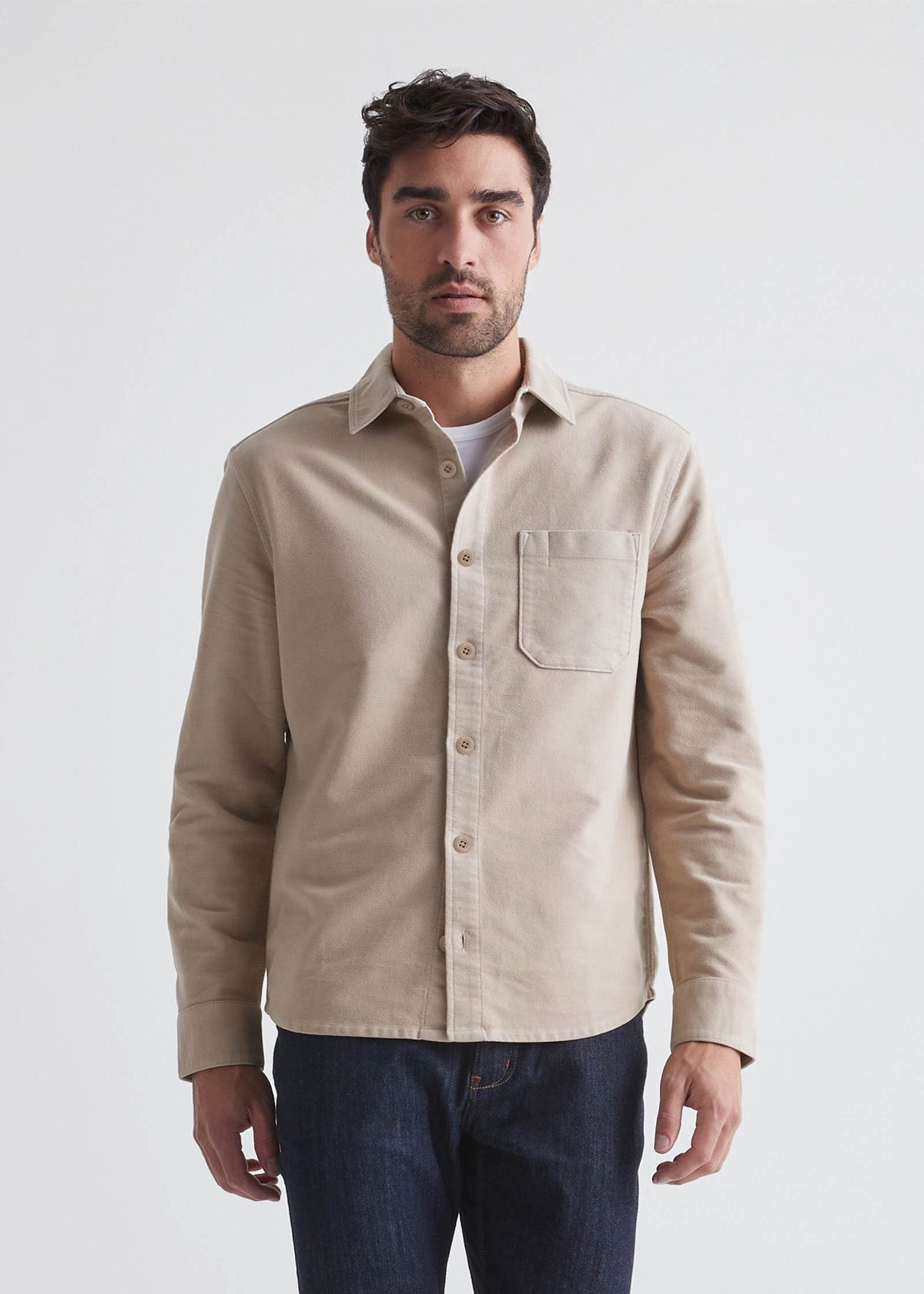 mens khaki brown relaxed moleskin button up shirt front