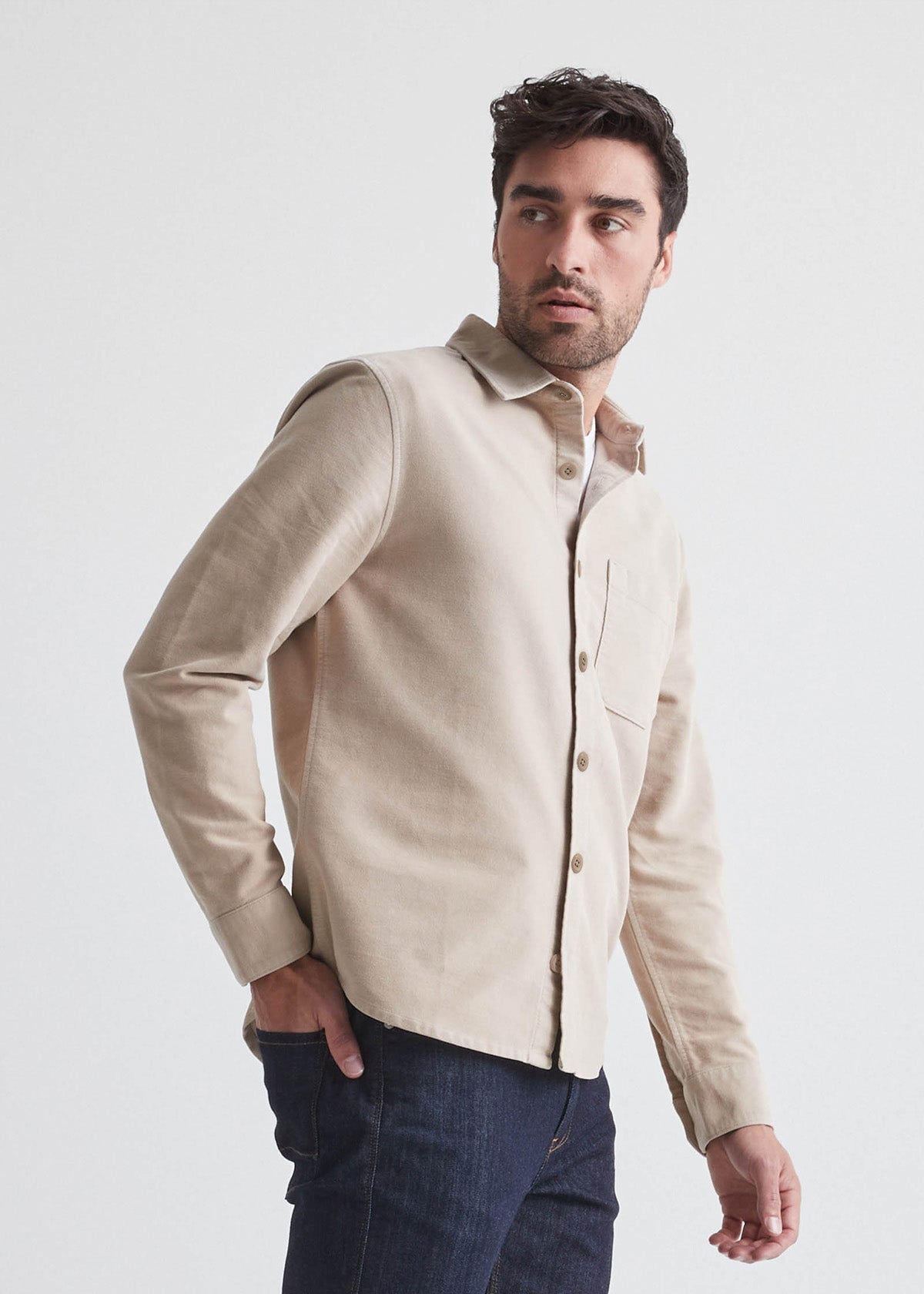mens khaki brown relaxed moleskin button up shirt side