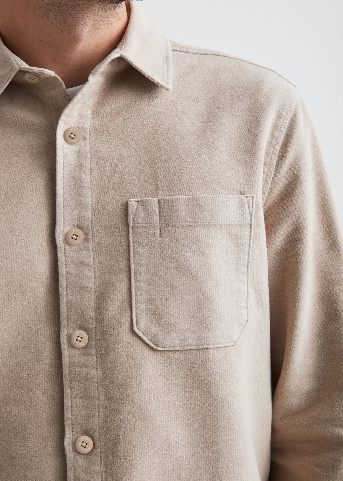 mens khaki brown relaxed moleskin button up shirt buttons and pocket detail
