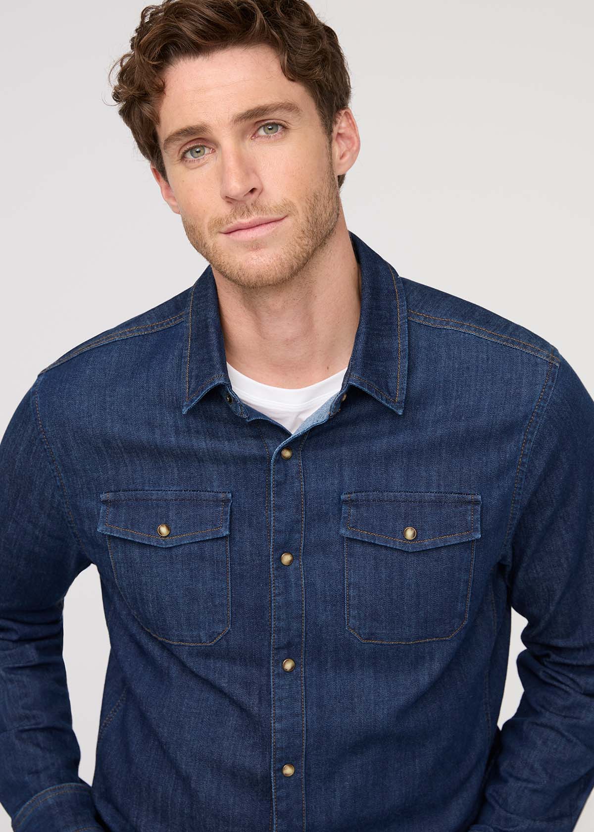 Men's Dark Stone Denim Lite Two-Pocket Shirt Front Close Up