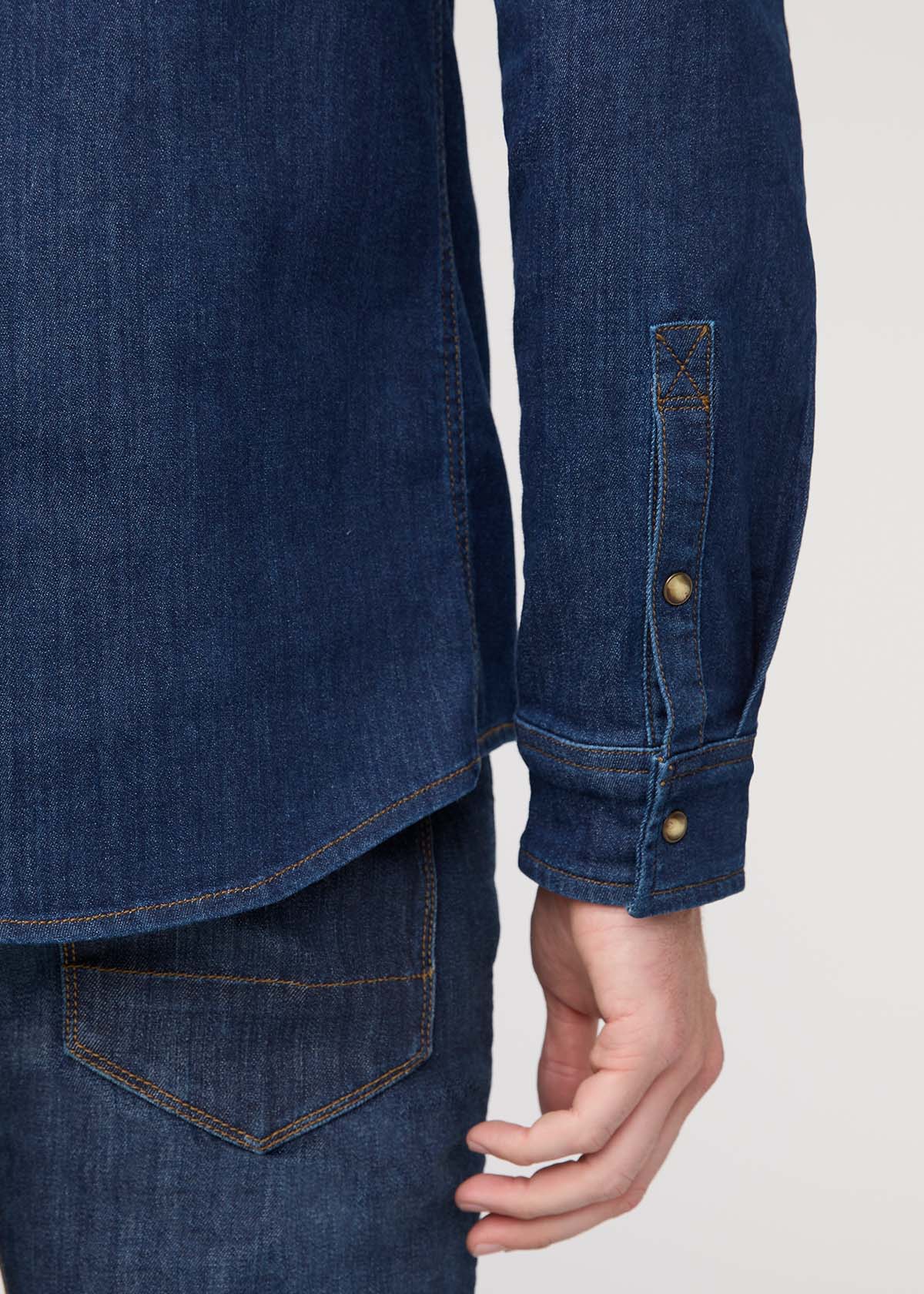 Men's Dark Stone Denim Lite Two-Pocket Shirt Cuff Detail